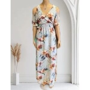 Gilli Floral Cold Shoulder Maxi Dress Blue Tropical Hibiscus Smocked CRD3722-1 S